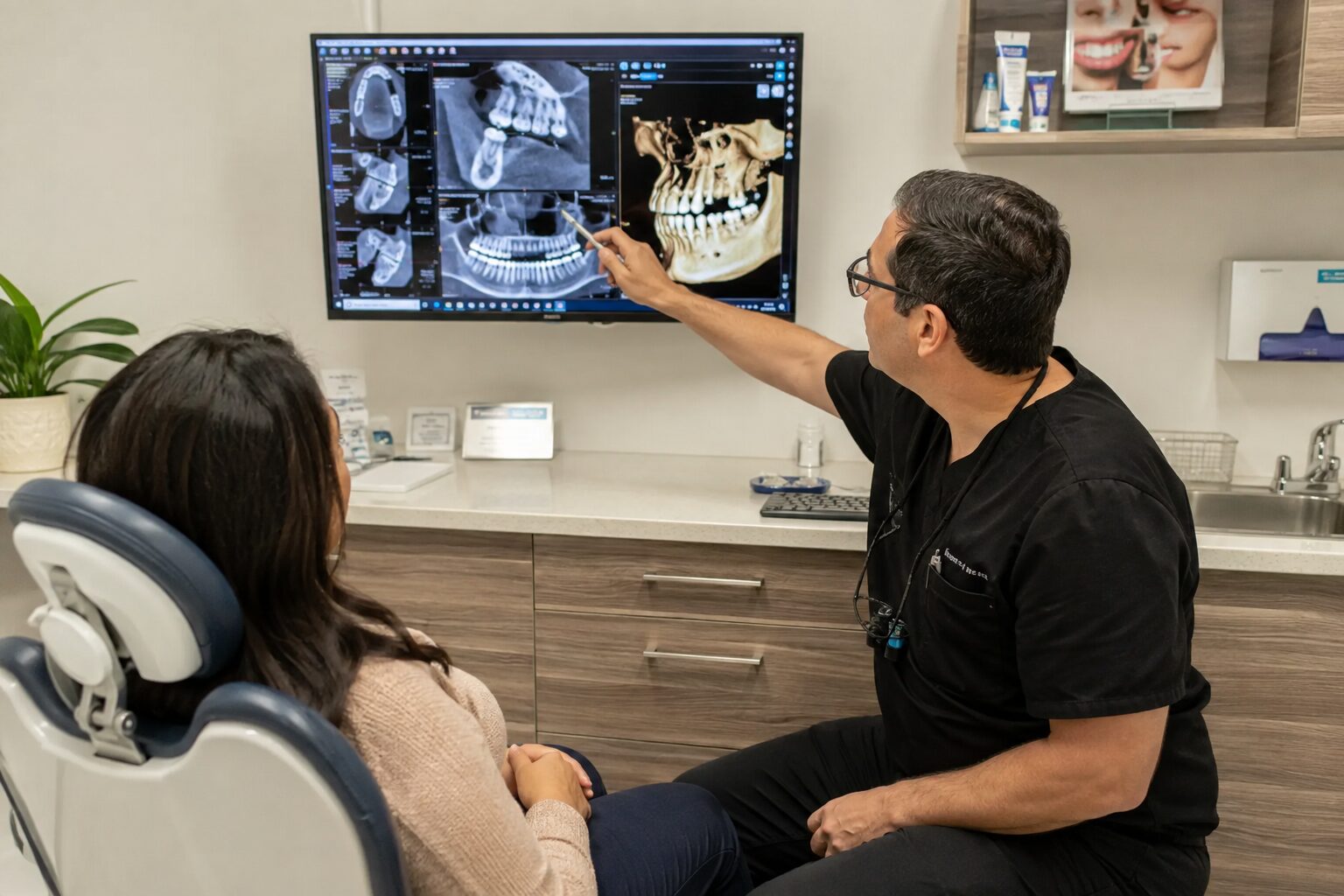 Dentist reviewing a CBCT scan with a patient at a participating Melbourne clinic
